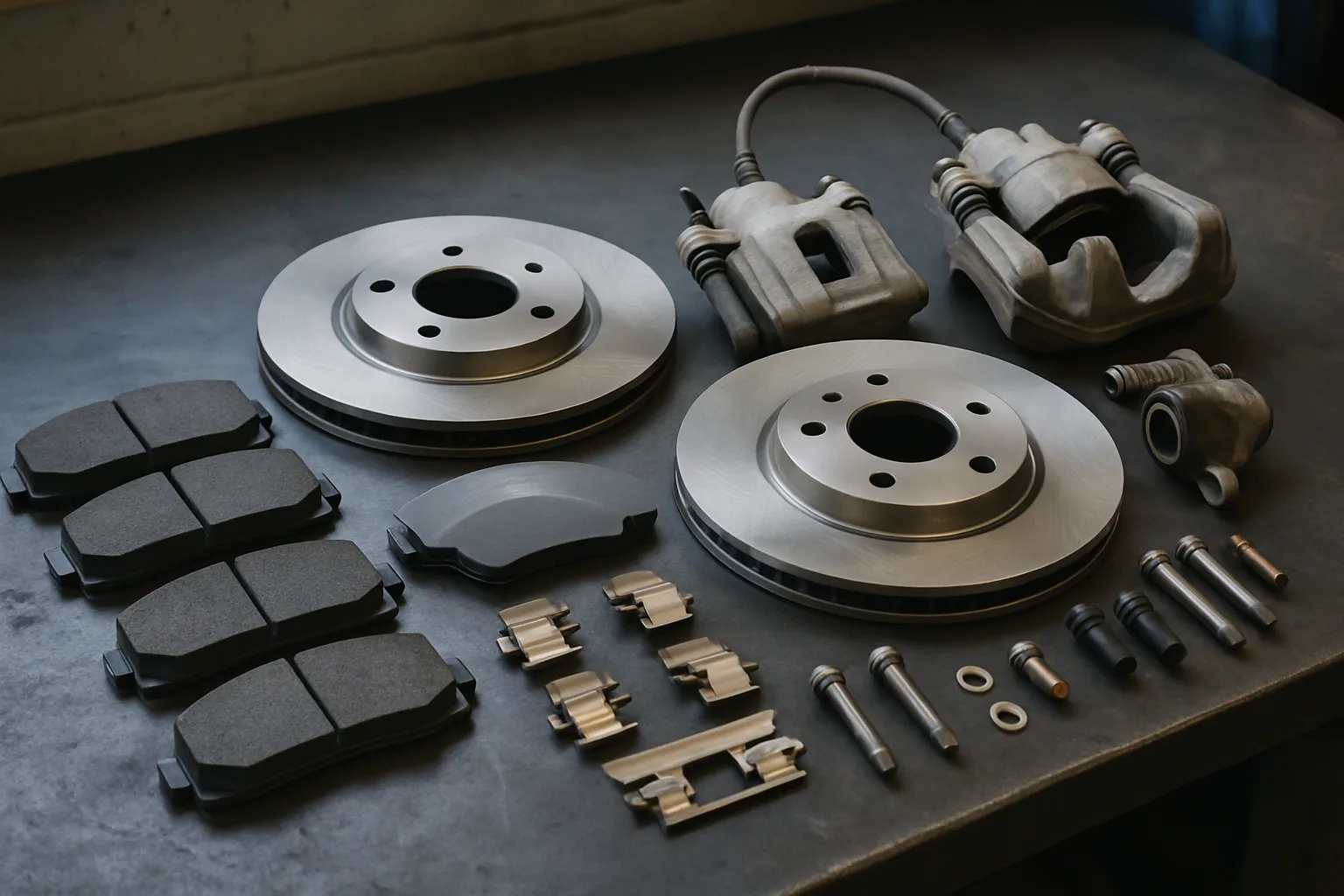 Brake system parts displayed on repair shop workbench